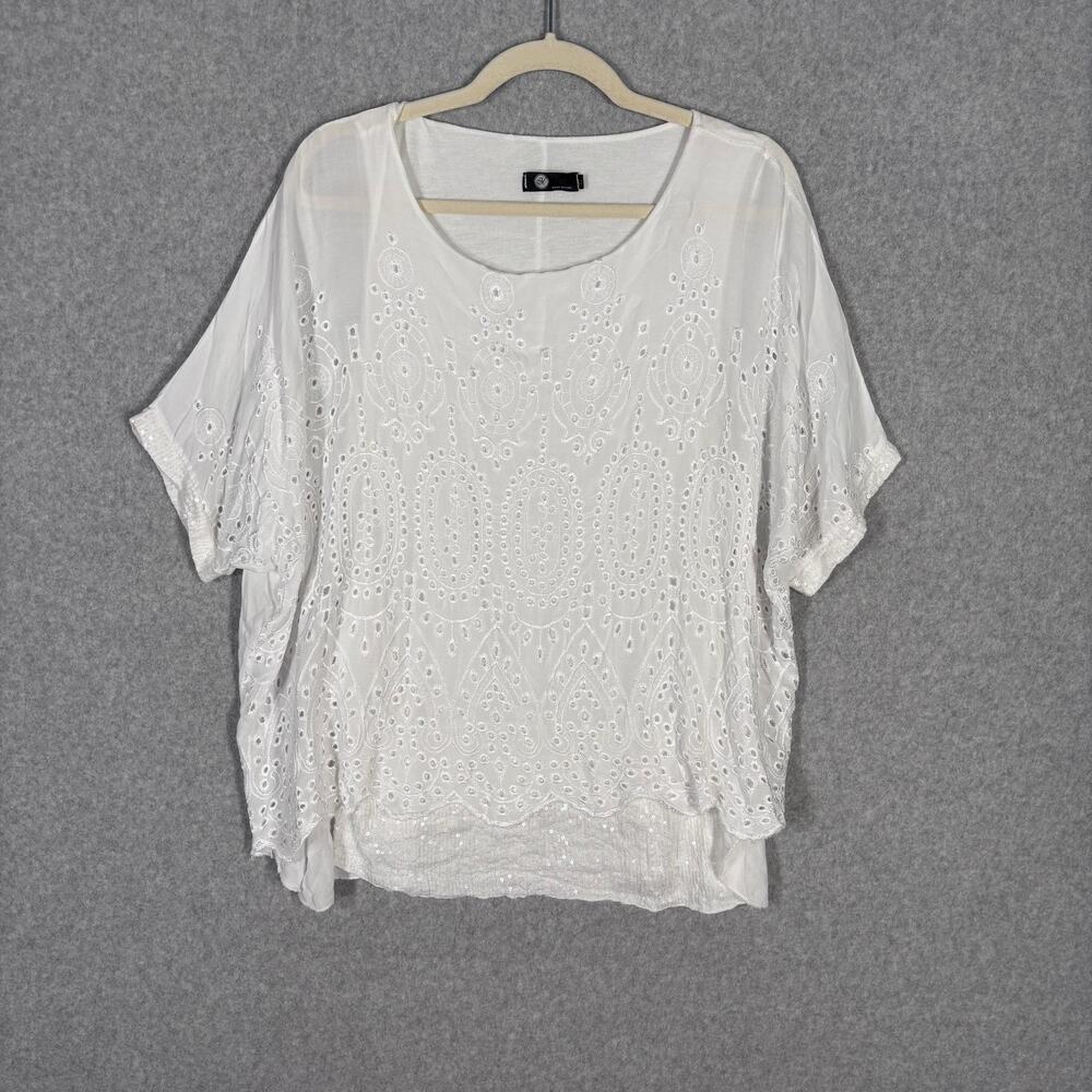 Eyelet Embroidered Top Medium Cottage Scalloped Hem Sequin Layered Made Italy‎